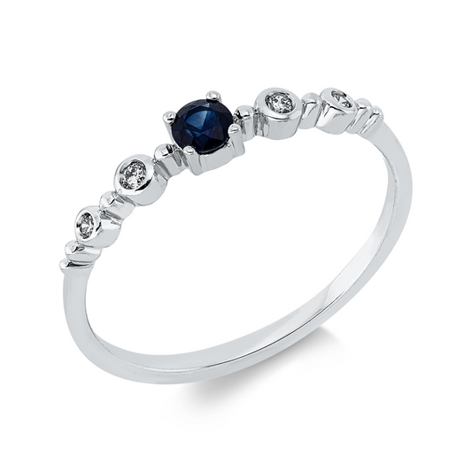 Ring 18 kt WG, 2 Brill. 0,03 ct, TW-si, 2 Brill. 0,02 ct, TW-si, 1 Saphir 0,27 ct blau
