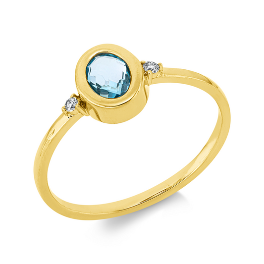 Ring 18 kt GG, 2 Brill. 0,03 ct, TW-si, 1 Topas 0,45 ct blau