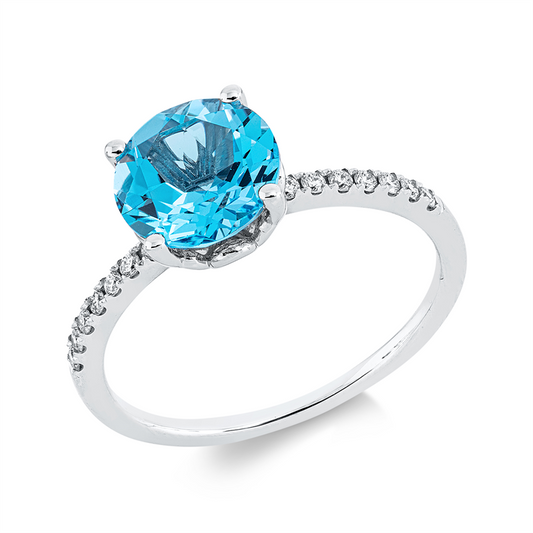 Ring 18 kt WG, 14 Dia. 0,11 ct, TW-si, 1 Topas 2,10 ct blau