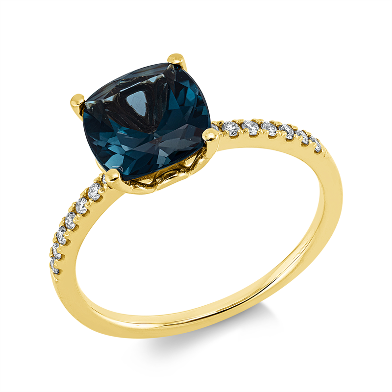 Ring 18 kt GG, 14 Brill. 0,11 ct, TW-si, 1 Topas 2,56 ct Lond. blue