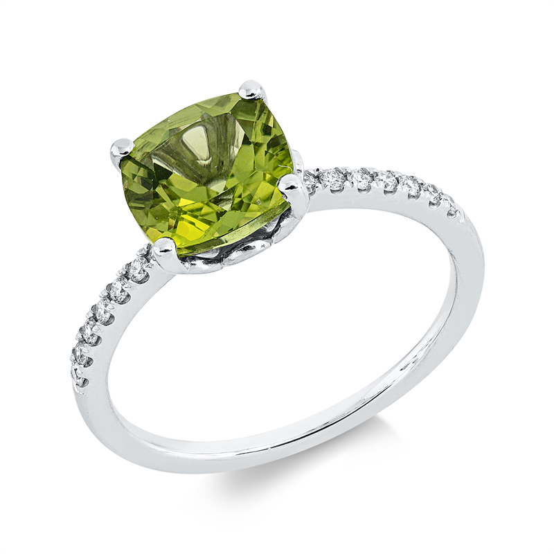 Ring 18 kt WG, 14 Brill. 0,11 ct, TW-si, 1 Peridot 2,24 ct
