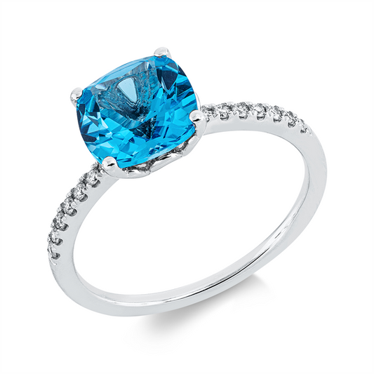 Ring 18 kt WG, 14 Brill. 0,11 ct, TW-si, 1 Topas 2,45 ct blau