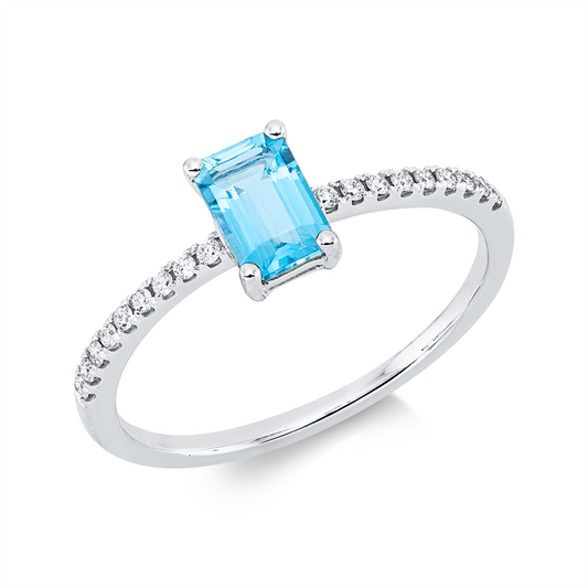 Ring 18 kt WG, 18 Brill. 0,10 ct, TW-si, 1 Topas 0,75 ct blau