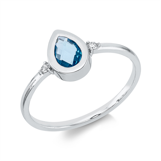 Ring 18 kt WG, 2 Brill. 0,03 ct, TW-si, 1 Topas 0,50 ct blau
