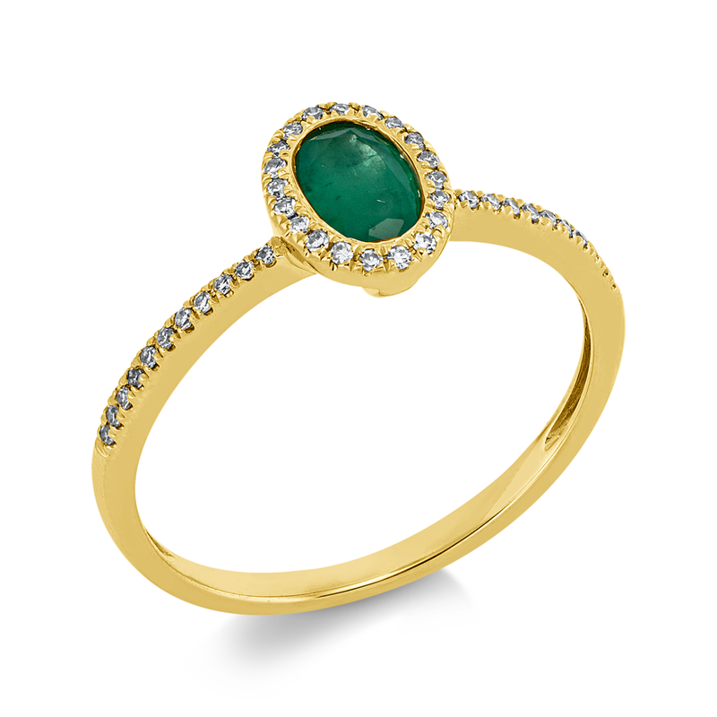 Ring 18 kt GG, 42 Dia. 0,10 ct, TW-si, 1 Smaragd 0,39 ct grün