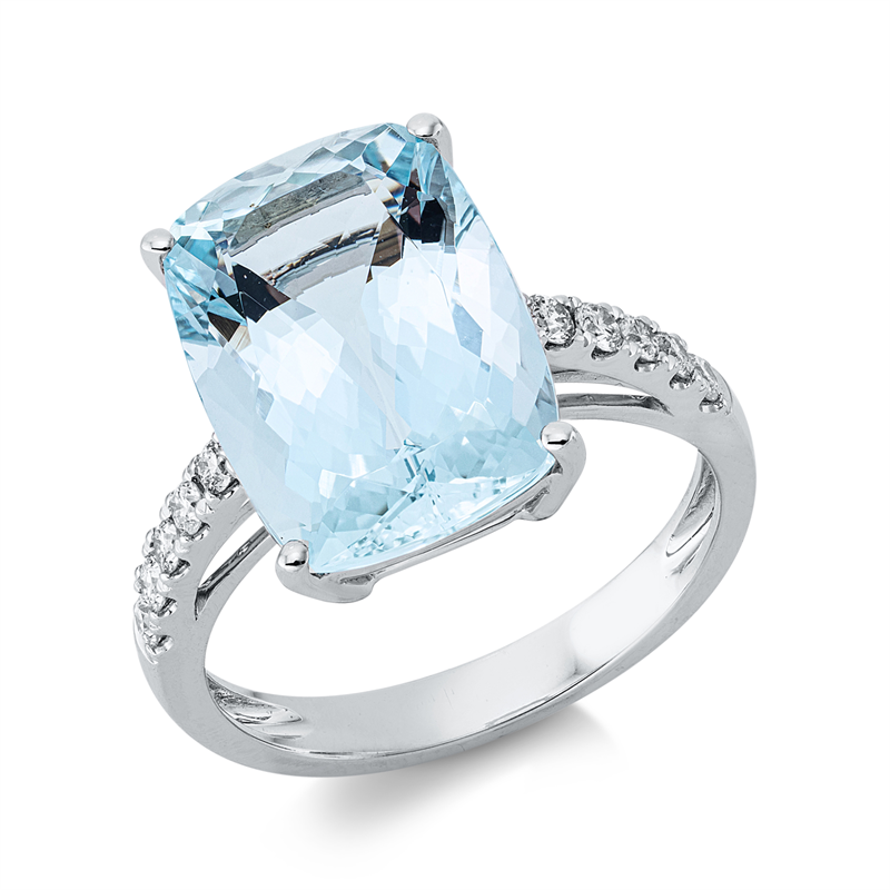 Ring 18 kt WG, 10 Brill. 0,24 ct, TW-si, 1 Aquamarin 6,30 ct blau