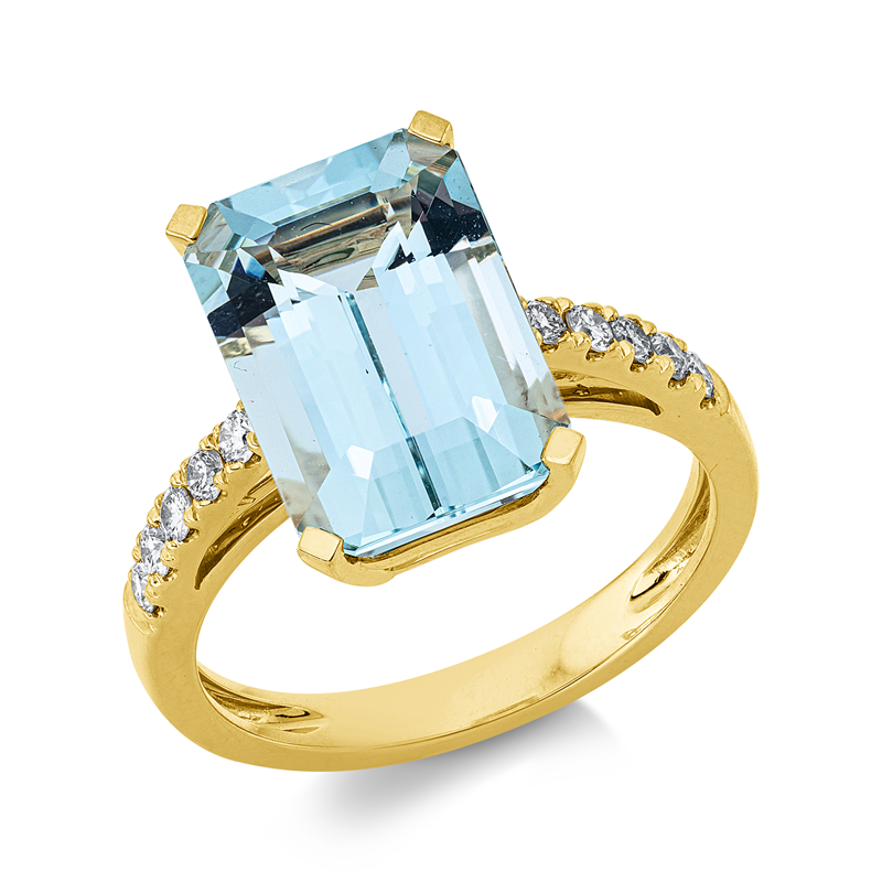 Ring 18 kt GG, 10 Brill. 0,25 ct, TW-si, 1 Aquamarin 5,22 ct blau