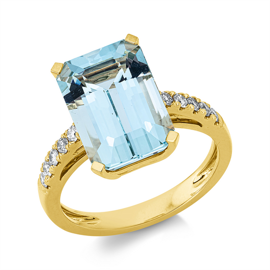 Ring 18 kt GG, 10 Brill. 0,25 ct, TW-si, 1 Aquamarin 5,22 ct blau