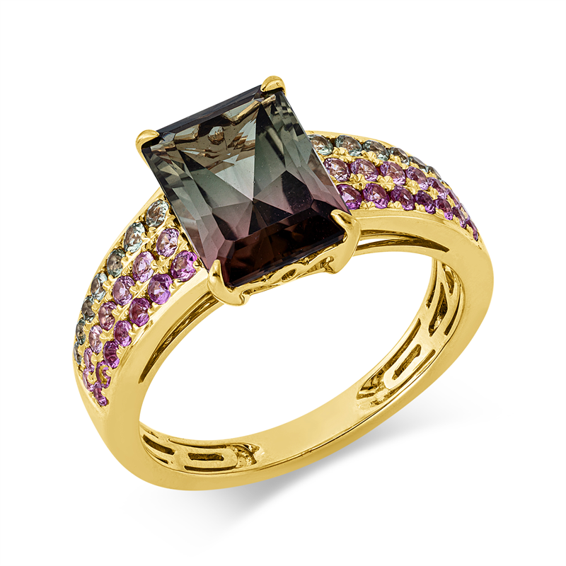 Ring 18 kt GG, 28 Saphire 0,50 ct pink, 1 Turmalin 2,95 ct multicolor, 14 Saphire 0,25 ct grün