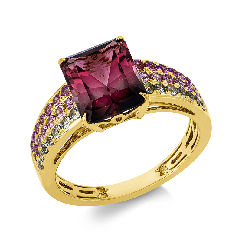 Ring 18 kt GG, 28 Saphire 0,50 ct pink, 1 Turmalin 2,55 ct multicolor, 14 Saphire 0,22 ct grün