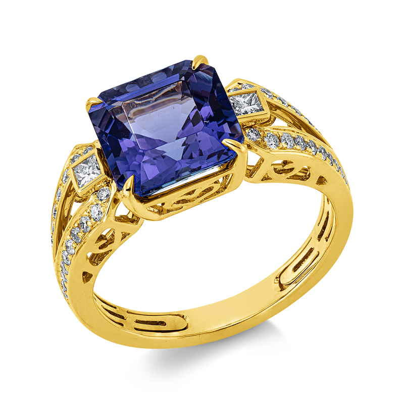 Ring 18 kt GG, 2 Princ. 0,10 ct, TW-si, 40 Brill. 0,27 ct, TW-si, 1 Tansanit 3,70 ct blau