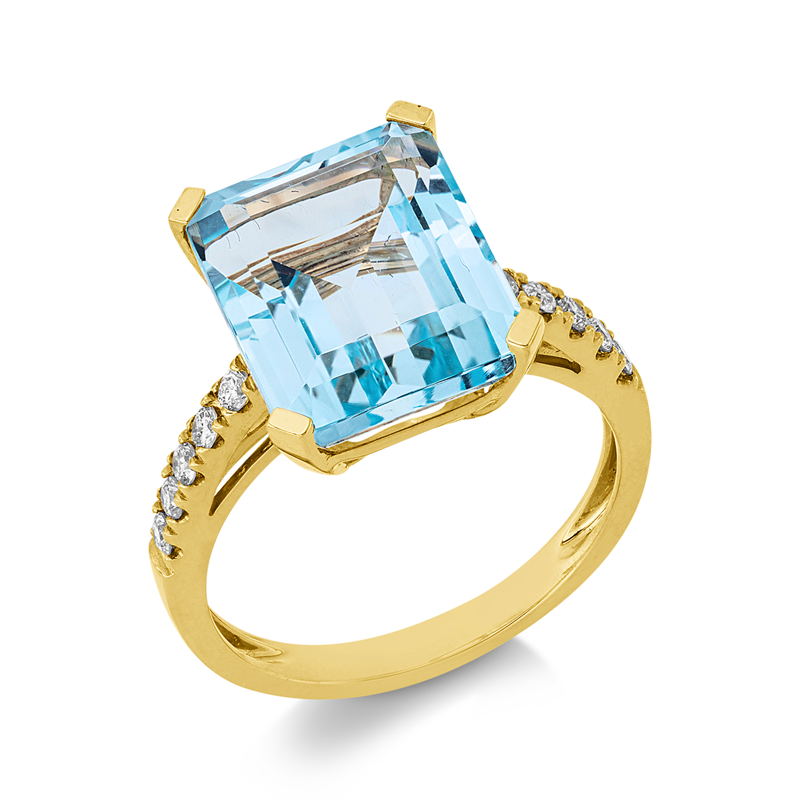 Ring 18 kt GG, 10 Brill. 0,25 ct, TW-si, 1 Topas 9,20 ct sky blue