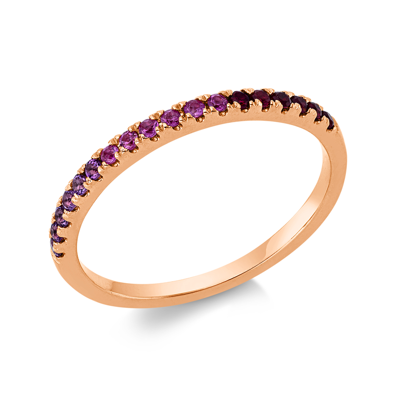 Ring 18 kt RG, 6 Saphire 0,09 ct pink, 6 Rubine 0,09 ct rot, 6 Amethyste 0,10 ct lila