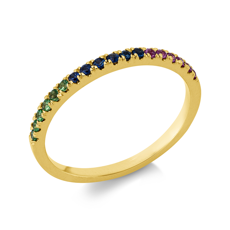 Ring 18 kt GG, 6 Saphire 0,09 ct blau, 6 Tsavorith 0,10 ct grün, 6 Saphire 0,09 ct pink
