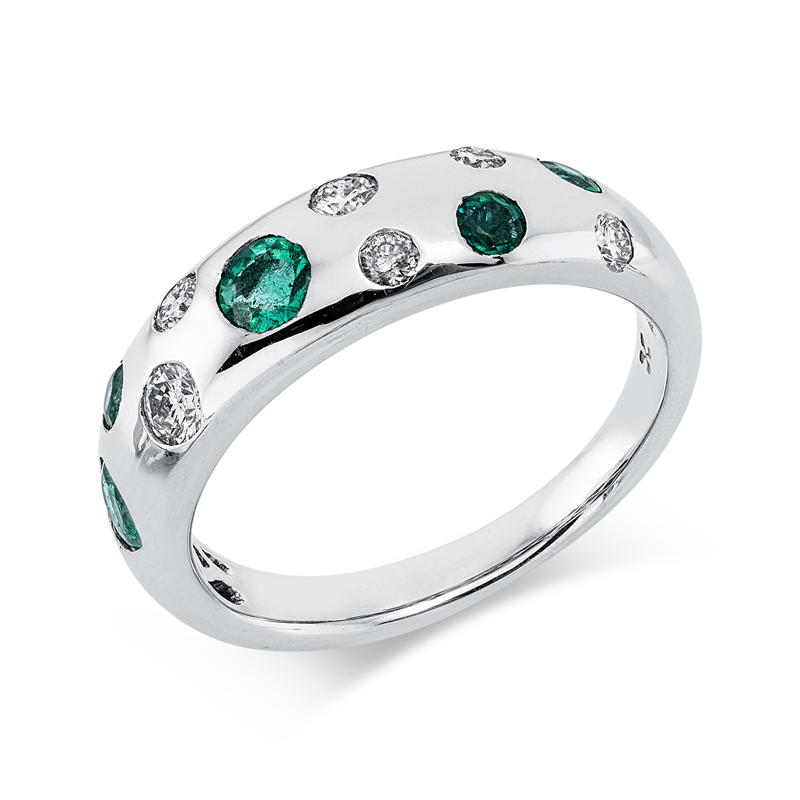 Ring 14 kt WG, 1 Brill. 0,09 ct, TW-si, 5 Brill. 0,22 ct, TW-si, 5 Smaragde 0,52 ct grün