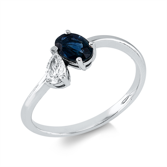 Ring 14 kt WG, 1 Tropfen 0,16 ct, TW-vsi/si, 1 Saphir 0,65 ct blau