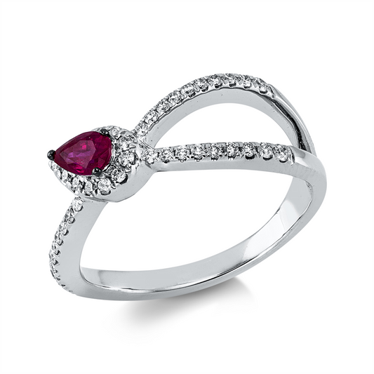 Ring 14 kt WG, 4 Brill. 0,05 ct, TW-si, 37 Brill. 0,21 ct, TW-si, 1 Rubin 0,32 ct rot