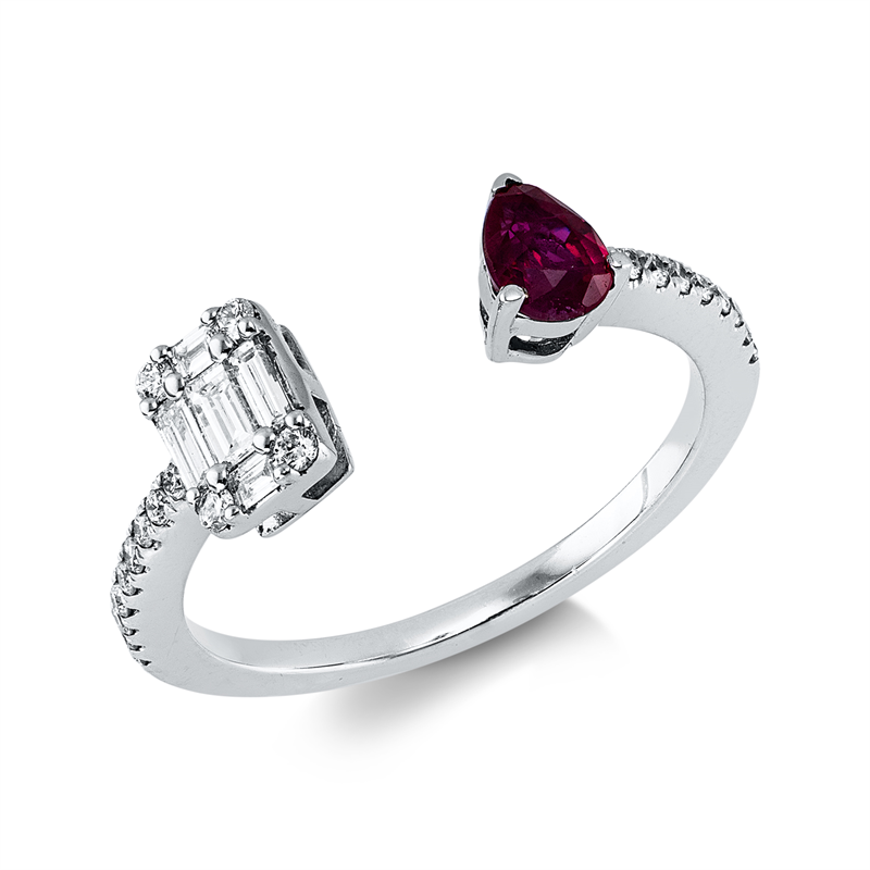Ring 14 kt WG, 5 Bag. 0,10 ct, TW-vsi/si, 22 Brill. 0,09 ct, TW-si, 1 Rubin 0,25 ct rot