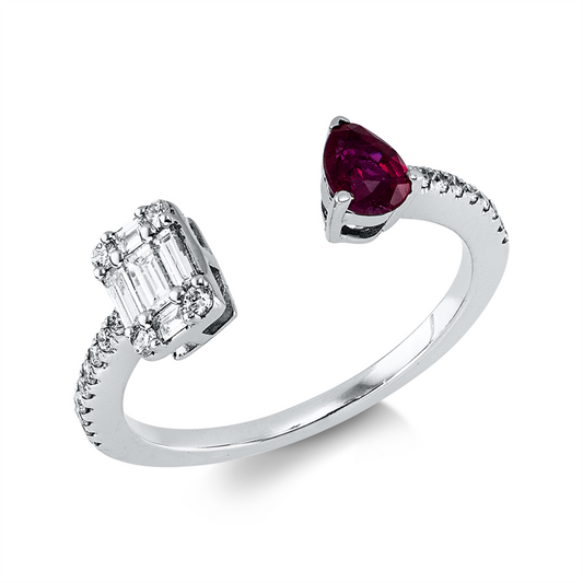 Ring 14 kt WG, 5 Bag. 0,10 ct, TW-vsi/si, 22 Brill. 0,09 ct, TW-si, 1 Rubin 0,25 ct rot