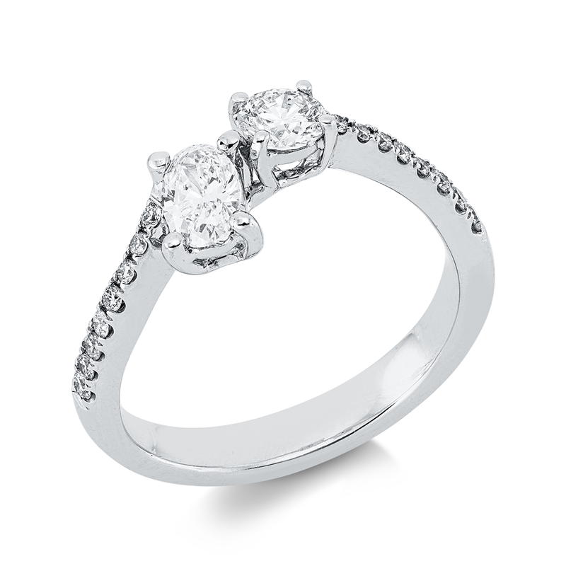 Ring 18 kt WG, 16 Brill. 0,14 ct, TW-vsi, 1 Brill. 0,27 ct, TW-vsi, 1 Oval 0,32 ct, TW-vsi