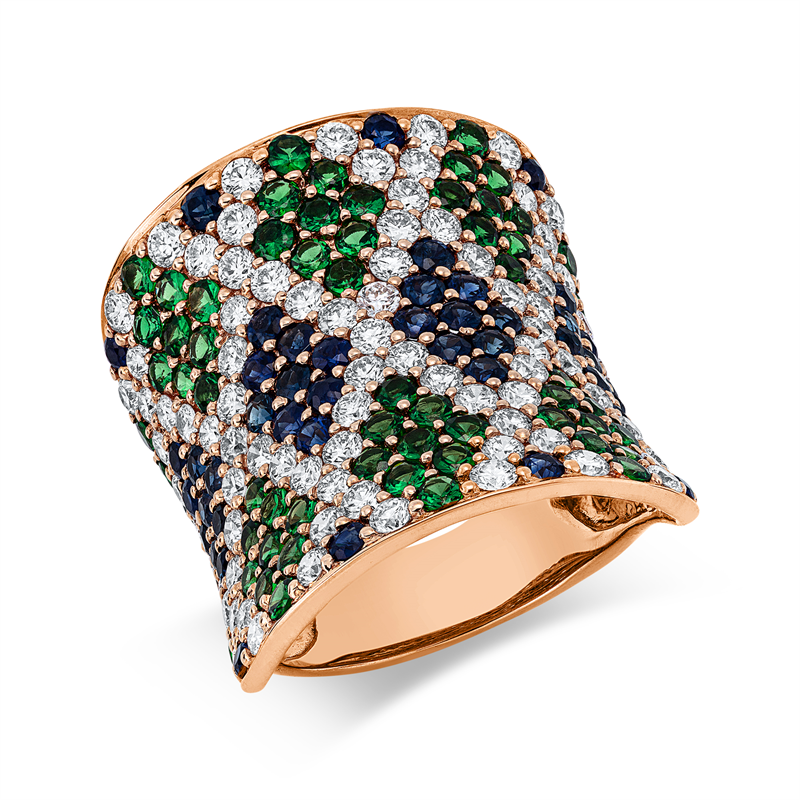 Ring 18 kt RG, 93 Brill. 2,93 ct, TW-vsi/si, 46 Saphire 1,98 ct blau, 66 Tsavorith 2,43 ct grün