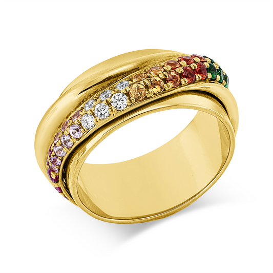 Ring 18 kt GG, 6 Brill. 0,12 ct, TW-vsi/si, 48 Saphire 1,02 ct multicolor