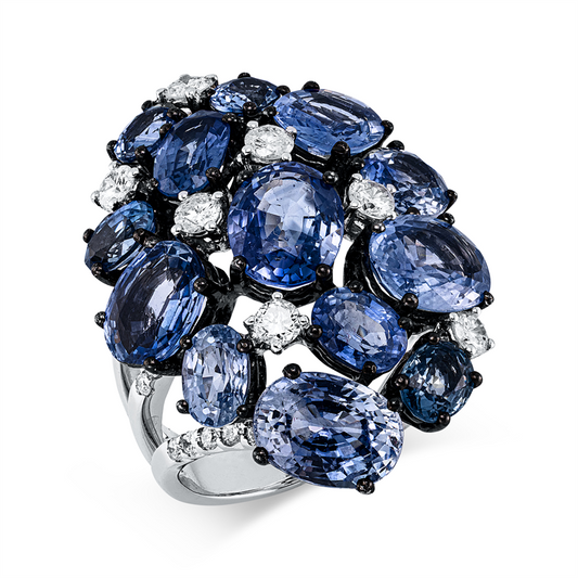 Ring 18 kt WG, 7 Brill. 0,63 ct, TW-si, 24 Brill. 0,34 ct, TW-si, 13 Saphire 14,72 ct blau