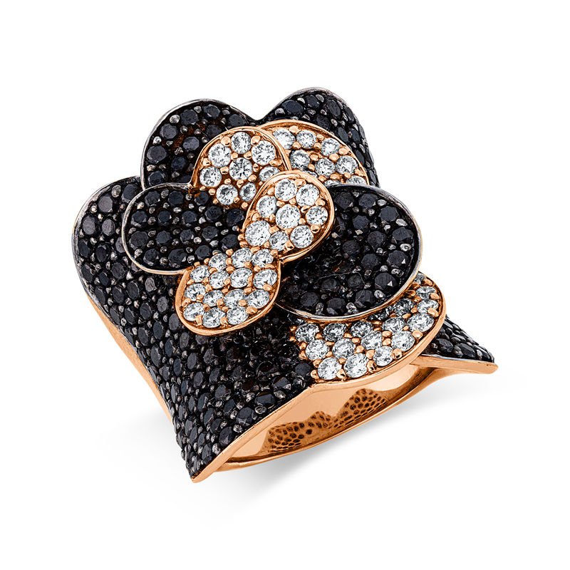 Ring 18 kt RG, Fassung teils schwarz rhodinie, 72 Brill. 1,37 ct, TW-vsi/si, 210 Brill. 4,80 ct, schwarz