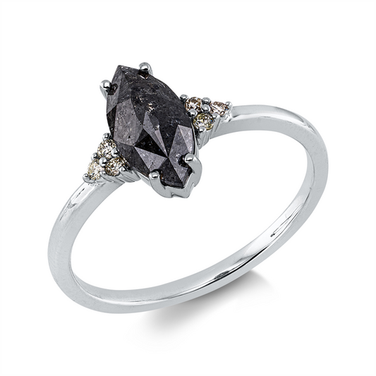 Ring 18 kt WG, 1 Nav. 1,20 ct, schwarz, 6 Brill. 0,06 ct, gelb