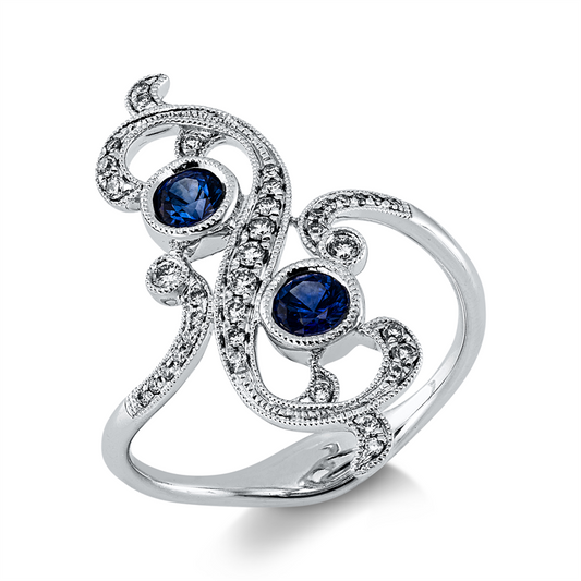 Ring 18 kt WG, 37 Brill. 0,18 ct, TW-si, 2 Saphire 0,36 ct blau