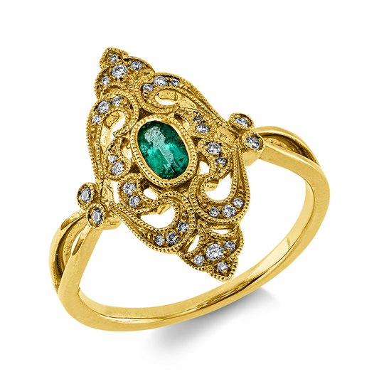 Ring 18 kt GG, 32 Brill. 0,10 ct, TW-si/pi, 1 Smaragd 0,20 ct grün