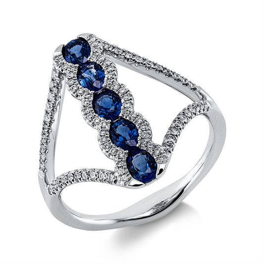 Ring 18 kt WG, 84 Brill. 0,24 ct, TW-si, 5 Spinel 1,00 ct blau