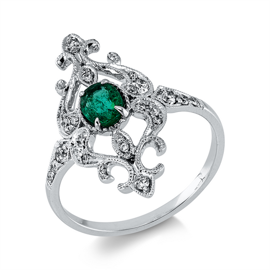 Ring 18 kt WG, 24 Brill. 0,19 ct, I-si, 1 Smaragd 0,31 ct grün