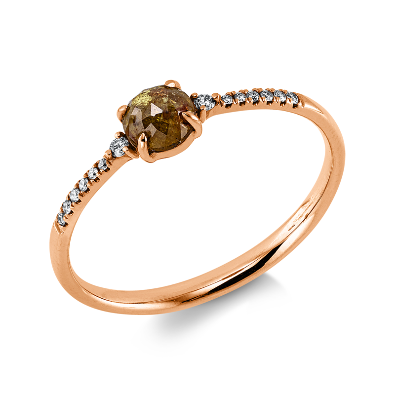 Ring 18 kt RG, 14 Brill. 0,05 ct, I-si, 1 Rosen-Schl 0,45 ct, gelb