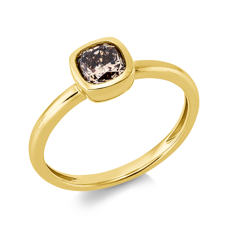 Ring 14 kt GG, 1 Cushion 0,71 ct, braun