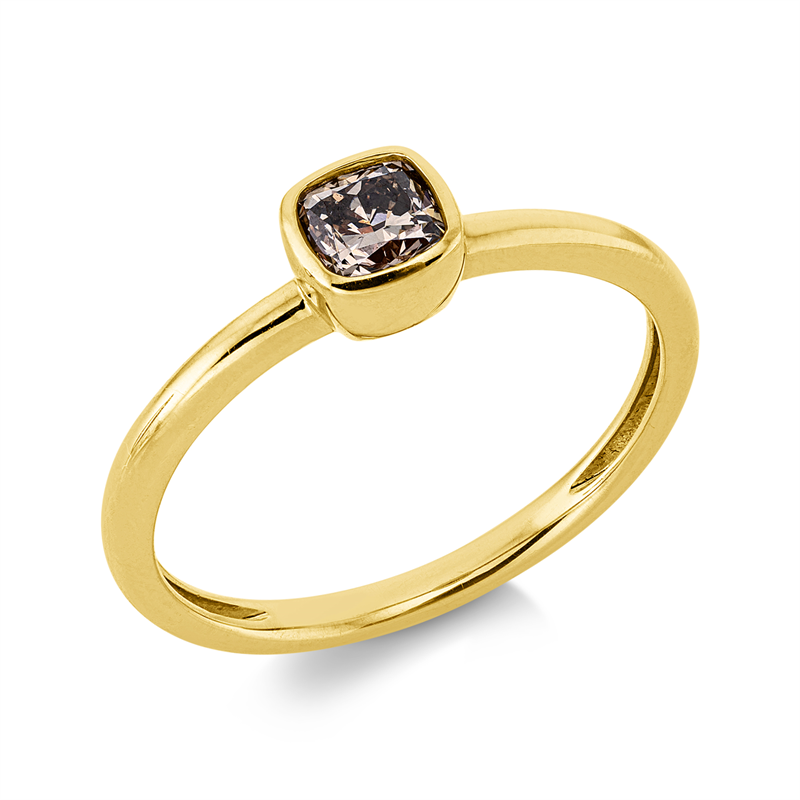 Ring 14 kt GG, 1 Cushion 0,37 ct, braun