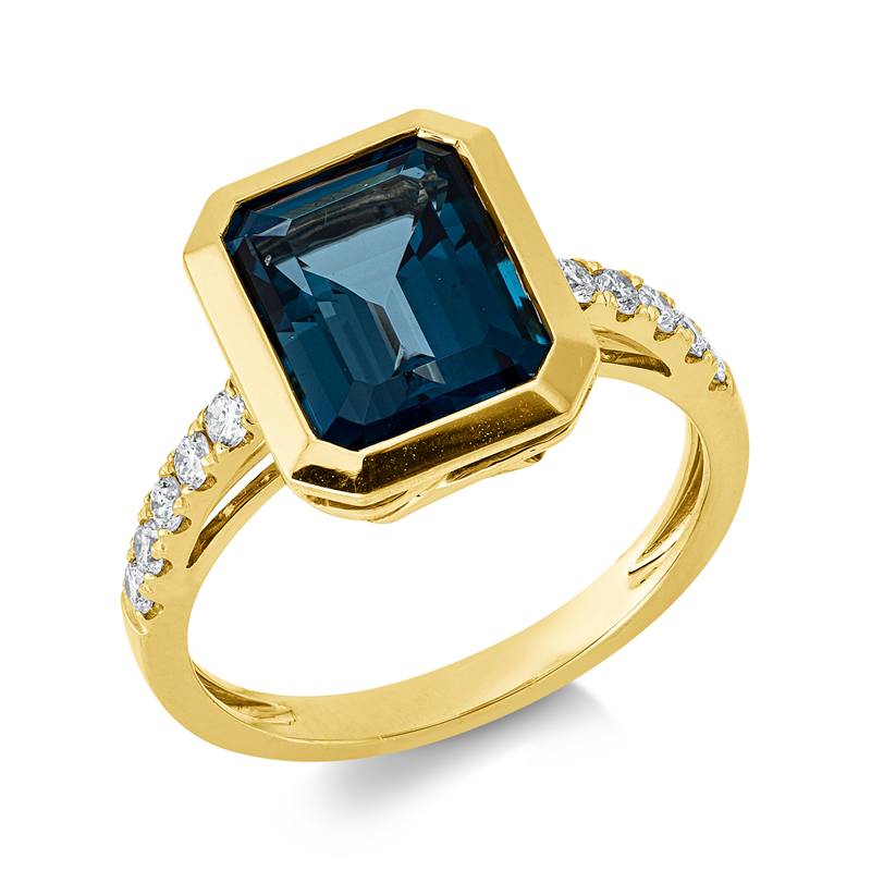 Ring 18 kt GG, 10 Brill. 0,24 ct, TW-si, 1 Topas 4,30 ct Lond. blue