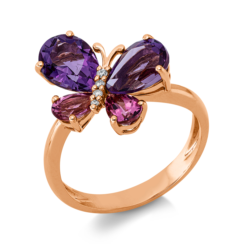 Ring 18 kt RG, 4 Brill. 0,03 ct, TW-si, 2 Amethyste 2,40 ct lila, 2 Turmalin 0,80 ct pink