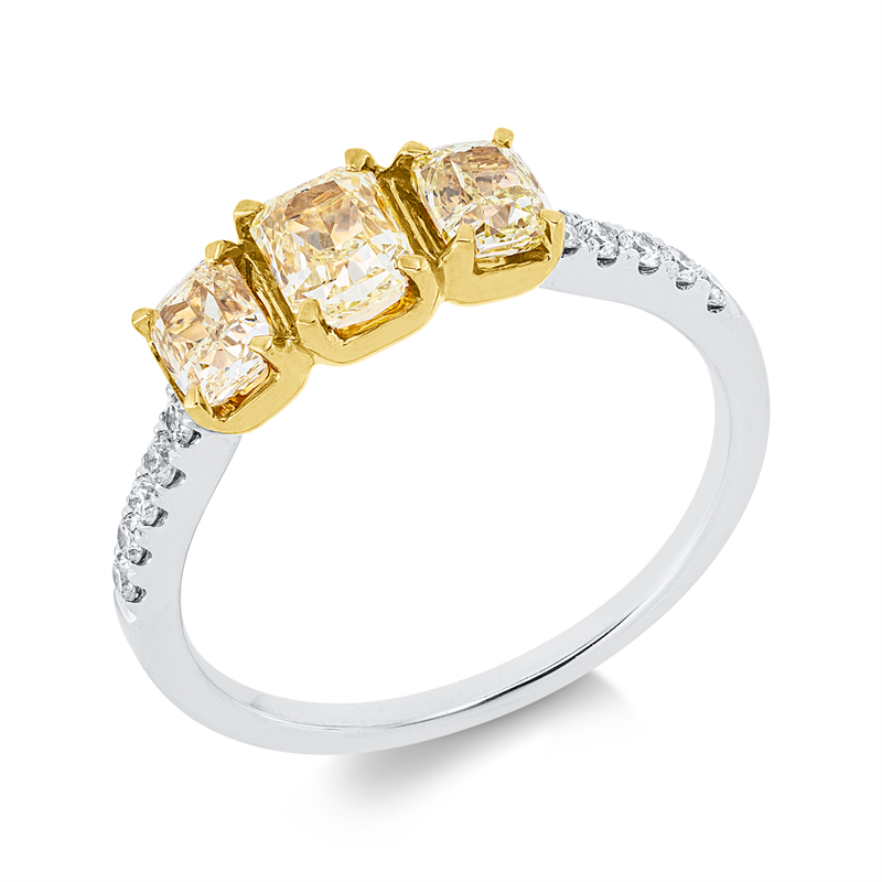 Ring 18 kt WG+GG, 3 Cushion 1,03 ct, gelb, 10 Brill. 0,67 ct, TW-si