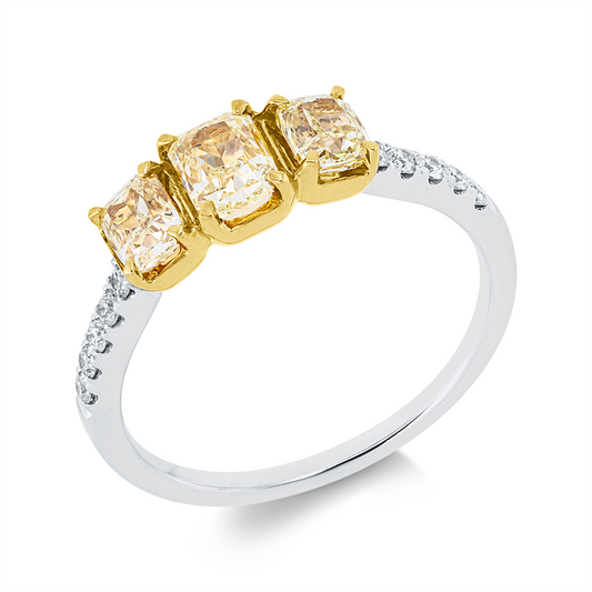 Ring 18 kt WG+GG, 3 Cushion 1,03 ct, gelb, 10 Brill. 0,67 ct, TW-si