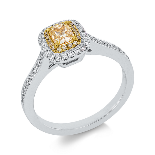 Ring 18 kt WG+GG, 1 Cushion 0,40 ct, gelb, 18 Brill. 0,08 ct, gelb,, 38 Brill. 0,17 ct, TW-si