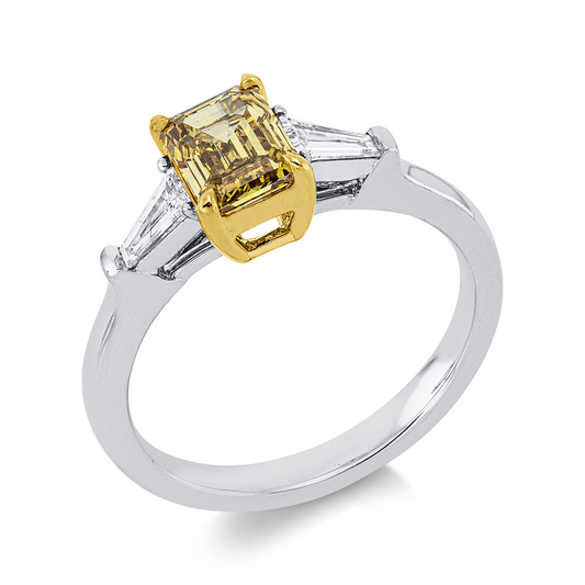 Ring 18 kt WG+GG, GIA 7426900701, 1 Sm.schliff 1,04 ct, gelb-vs1, 2 Trap. 0,26 ct, TW-si