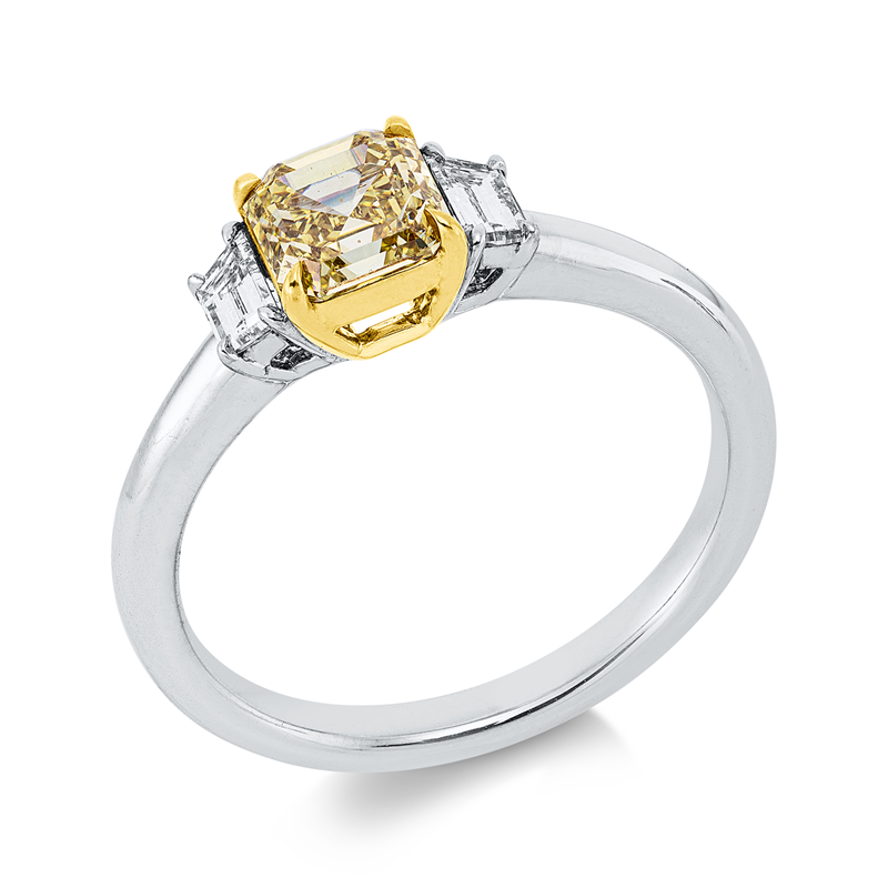 Ring 18 kt WG+GG, GIA 1493783985, 1 Assher 1,00 ct, gelb-vs1, 2 Trap. 0,25 ct, TW-si