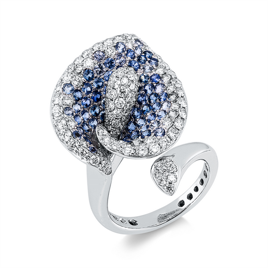 Ring 18 kt WG, 109 Brill. 1,67 ct, TW-vsi, 75 Saphire 2,00 ct blau