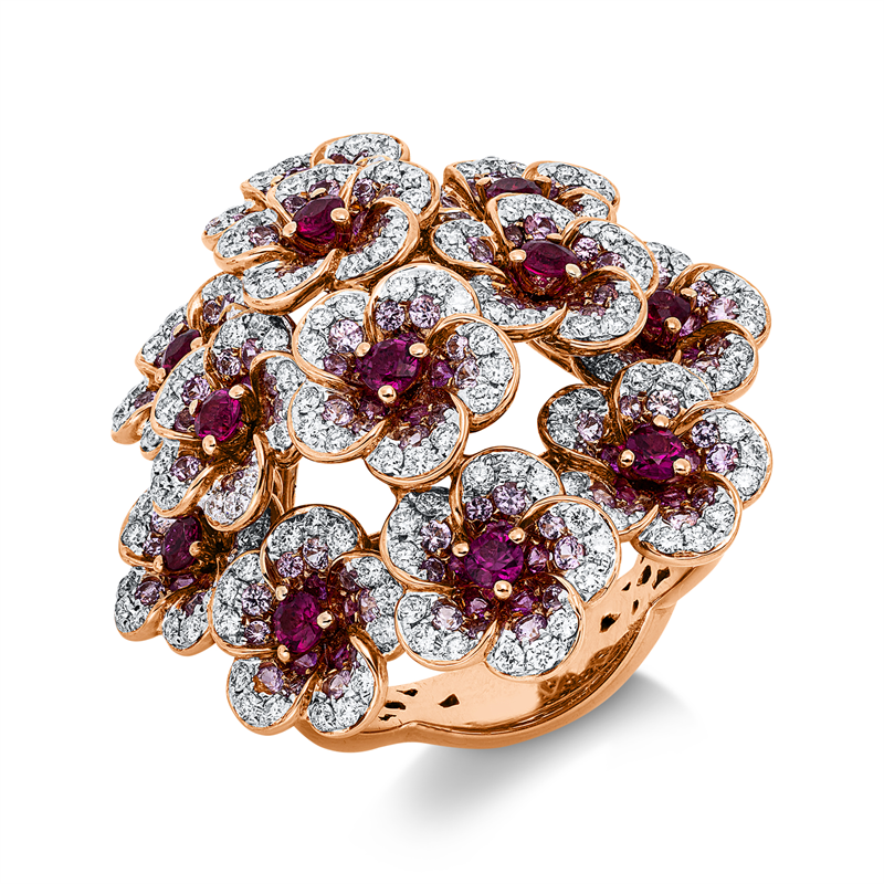 Ring 18 kt RG+WG, 180 Brill. 1,11 ct, TW-vsi, 180 Saphire 1,52 ct pink, 12 Rubine 0,74 ct rot
