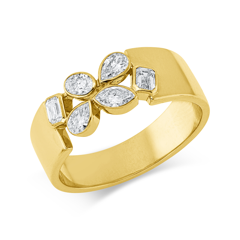 Ring 18 kt GG, 1 Oval 0,08 ct, 2 Tropfen 0,17 ct, 2 Sm.schliff 0,18 ct, 1 Nav. 0,08 ct, TW-si