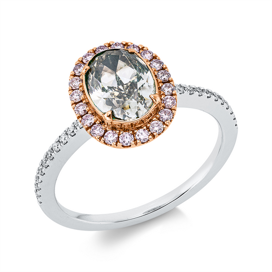 Ring 18 kt WG+RG, 20 Brill. 0,19 ct, pink-si, 22 Brill. 0,10 ct, TW-si, 1 Oval 1,26 ct, grün-si