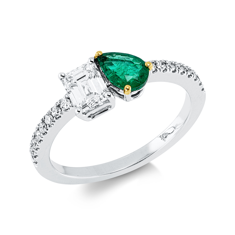 Ring 18 kt WG, Krappen vergoldet, 1 Sm.schliff 0,53 ct, TW-vsi, 16 Brill. 0,13 ct, TW-si, 1 Smaragd 0,41 ct grün