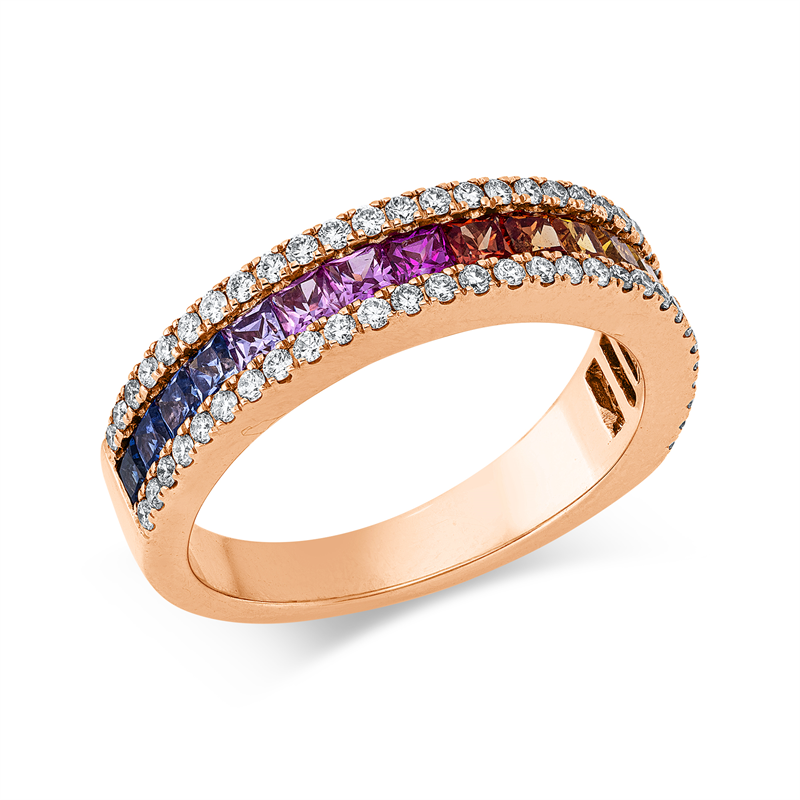 Ring 18 kt RG, 58 Brill. 0,36 ct, TW-si, 17 Saphire 1,54 ct multicolor