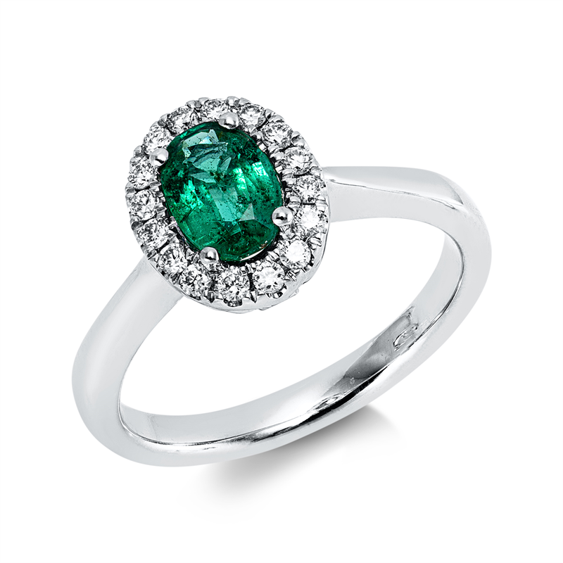 Ring 18 kt WG, 16 Brill. 0,19 ct, TW-vsi, 1 Smaragd 0,71 ct grün